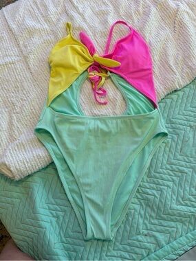 Xhilaration Neon Pink Yellow and Teal Women's Swimsuit with Textured Trim